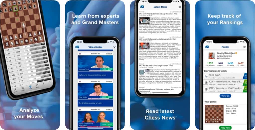 Chess24 opening explorer, video libriary, news feed and main menu on app