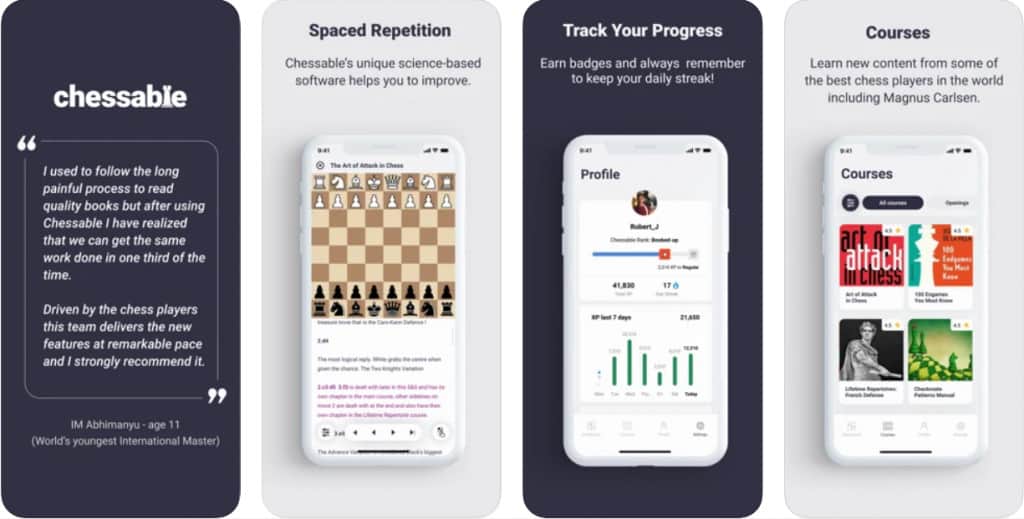 View of four panels of the Chessable app on iPhone