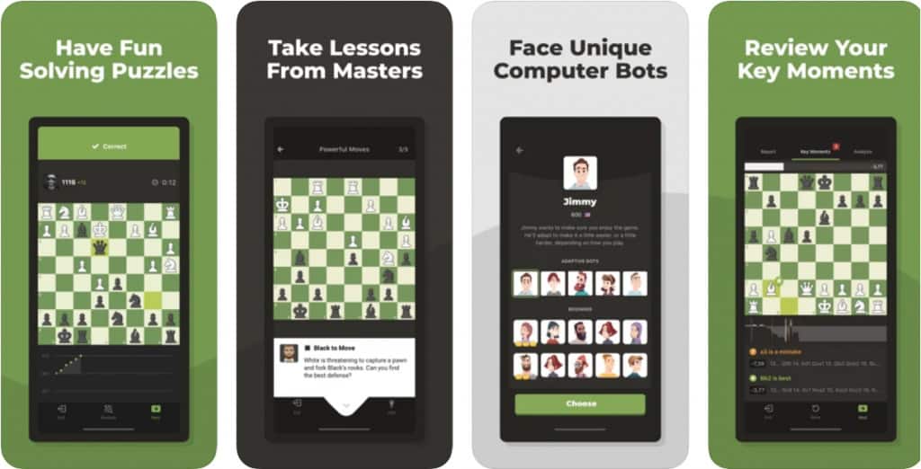 View of the Chess.com iOS app menu, on going game and ability to play bots