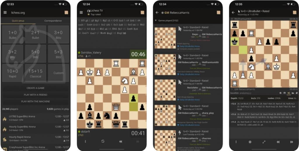 View of the lichess app main menu, analysis board and game database