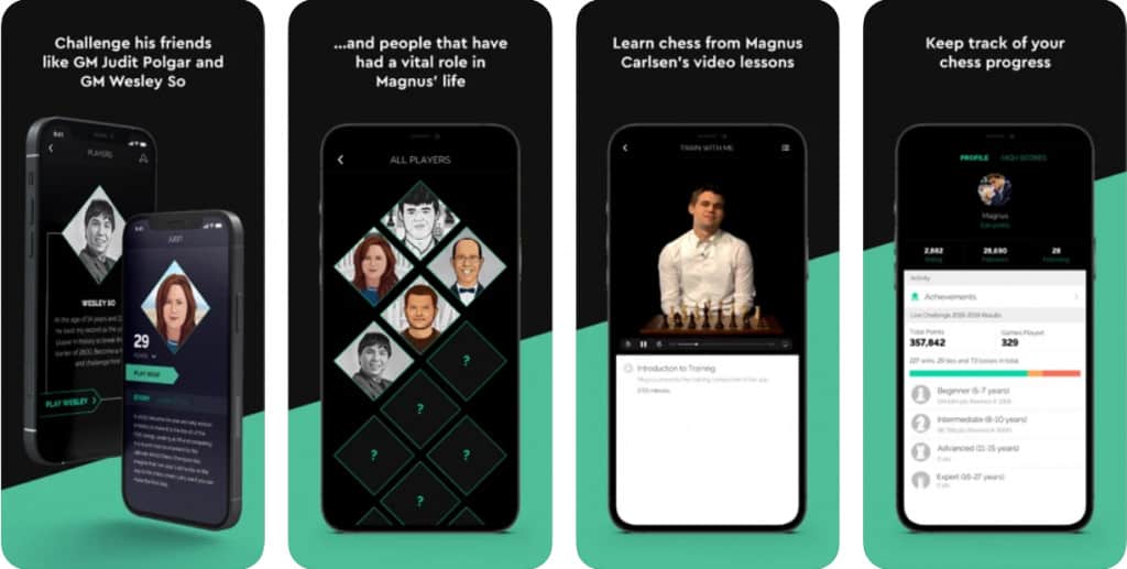 Four images of the Play Magnus app on iPhone