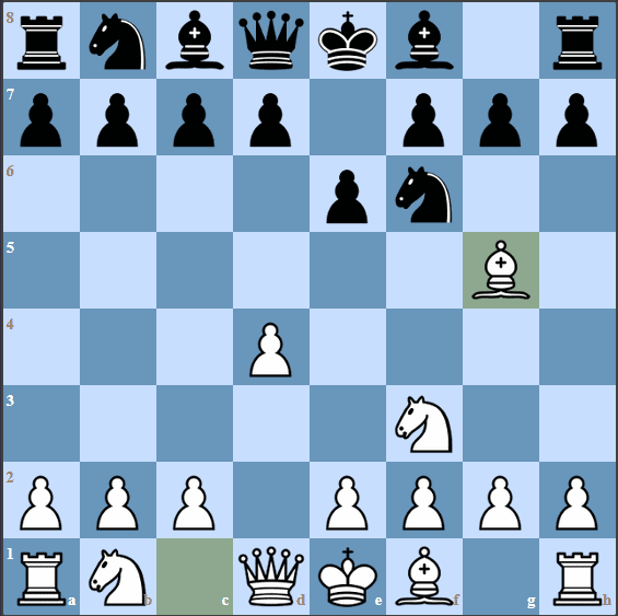 The starting position of the Torre Attack after 1.d4 Nf6 2.Nf3 e6 3.Bg5
