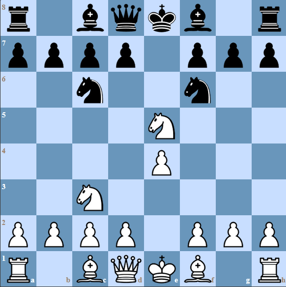The starting position of the Halloween Gambit after 1.e4 e5 2.Nf3 Nc6 3.Nc3 Nf6 4.Nxe5!?