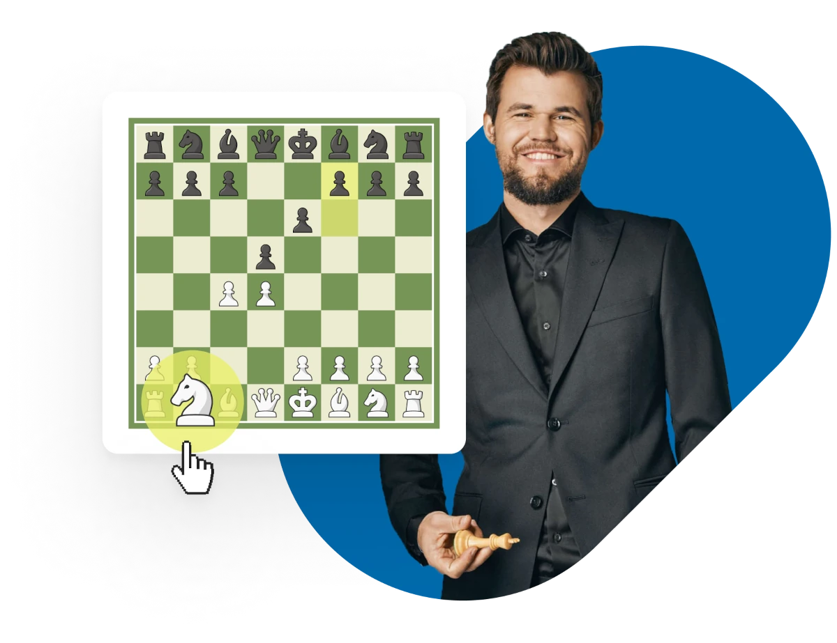 Magnus Carlsen next to an online chessboard